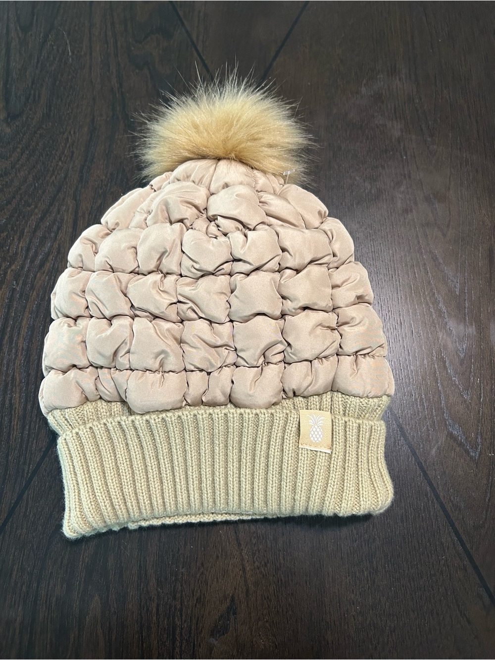 Simply Southern Beige Quilted Pom Beanie with Tan Faux Fur